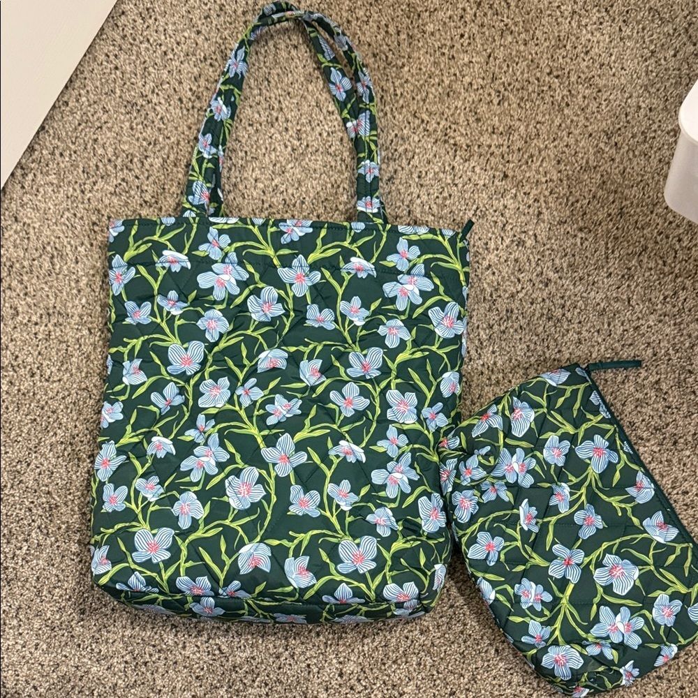 Vera Bradley Green and Blue Floral Tote an Large Makeup Bag